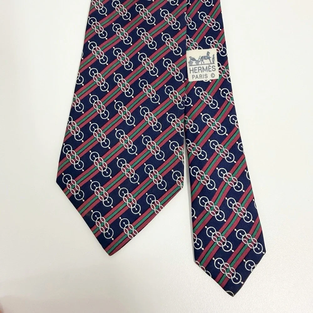 Hermes Men's Tie Chain Link Nautical Striped Navy/Red/Green 984 SA Silk 3